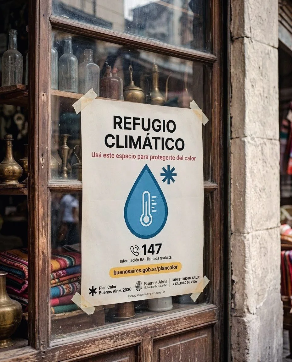 La señal oficial de refugio climático pegada con cinta de papel en la vidriera de un comercio adherido: Refugio Climático, usá este espacio para protegerte del calor, emblema de la gota, 147 Información BA, buenosaires.gob.ar/plancalor, Plan Calor Buenos Aires 2030, Ministerio de Salud y Calidad de Vida